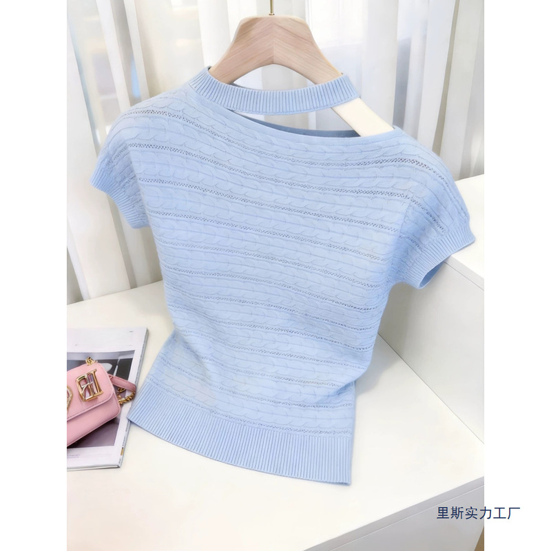 Summer New Style Halter Neck Design Short-Sleeved Knitted Sweater for Women Korean Style Striped Ice Silk Thin Shirt Age-Reducing Top Summer New Style Halter Neck Design Short-Sleeved Knitted Sweater for Women Korean Style Striped Ice Silk Thin Shirt Age-Reducing Top