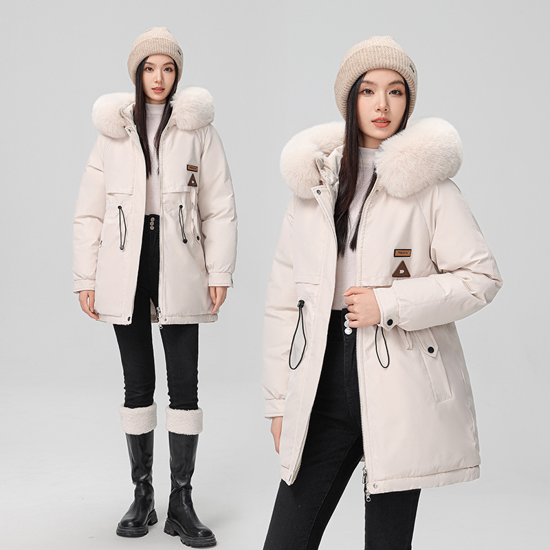 2024 foreign trade overcomes women's winter new Korean version waist cinching slimming hooded big fur collar cotton_voghion.com