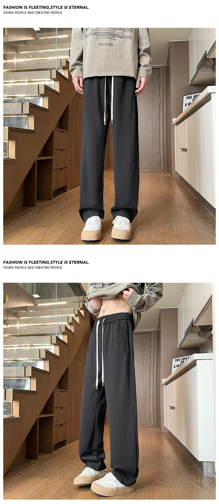 Herren Waffelstrick Jogginghose Locker Gerade Casual Hose_voghion.com