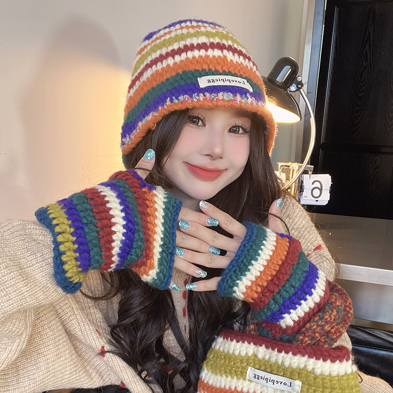 Autumn Winter New Warm Knitted Retro Rainbow Wool Korean Ins Trend Bag Gloves Hat Three-piece Set_voghion.com