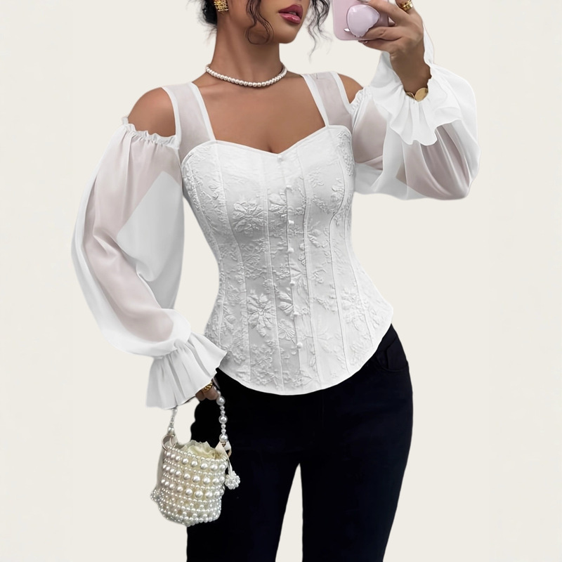 European and American Amazon Independent Site Women's Elegant Off-Shoulder Floral Jacquard Shirt - Square Collar Long Sleeves Slim Fit