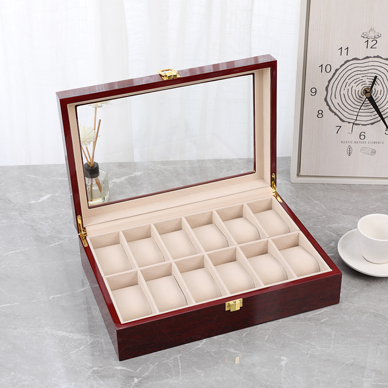 En stock caja de reloj de madera de pintura roja de 12 bits contador de reloj de gama alta de estilo europeo caja de presentación de hebilla abatible transparente