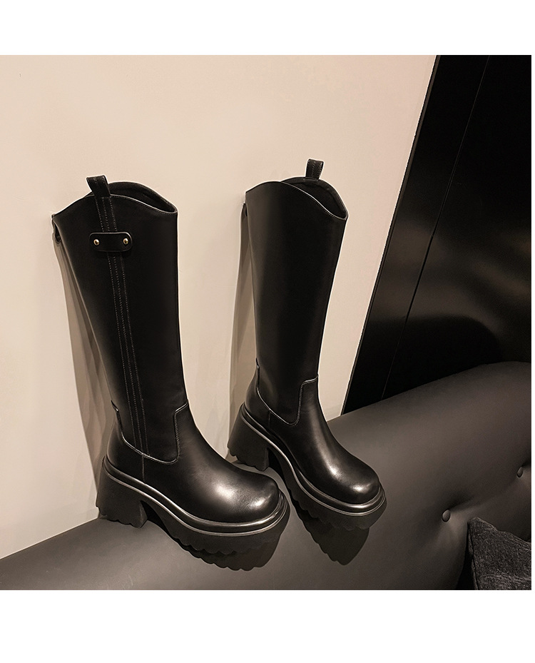 Boot nữ cổ cao mũi tròn gót vuông dày 9 cm, phong cách kỵ sĩ V-cut — Ống lớn màu nâu sẫm lót một lớp chi tiết 28