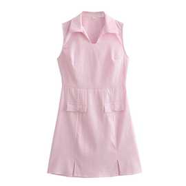 外贸2024欧美春季新款时尚低领翻领无袖粉色肌理短裙连衣裙女6171