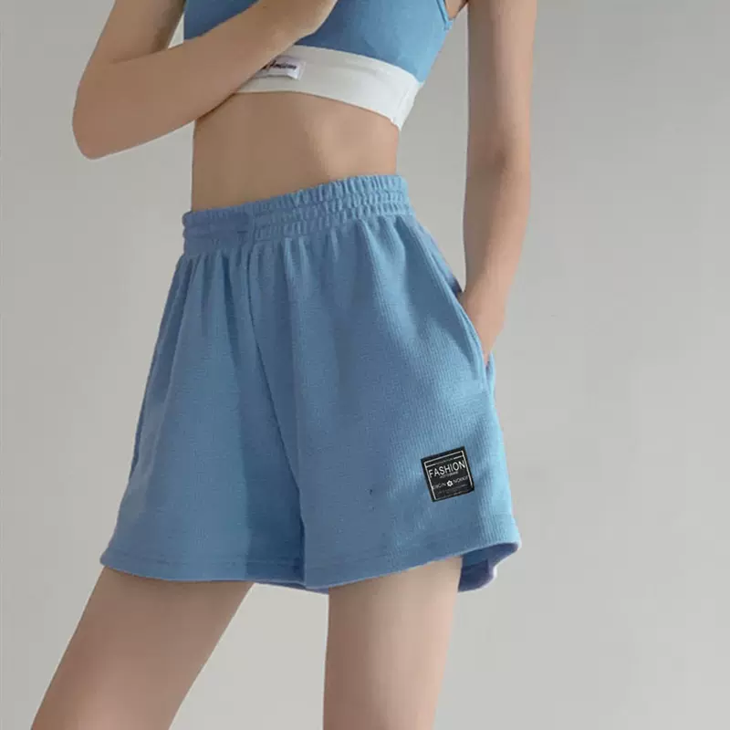 华夫格运动短裤女生松紧腰阔腿热裤休闲显瘦高腰直筒居家休闲裤