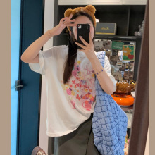 莫奈花园立体刺绣重工钉珠宽松百搭印花t恤女夏圆领花朵短袖上衣