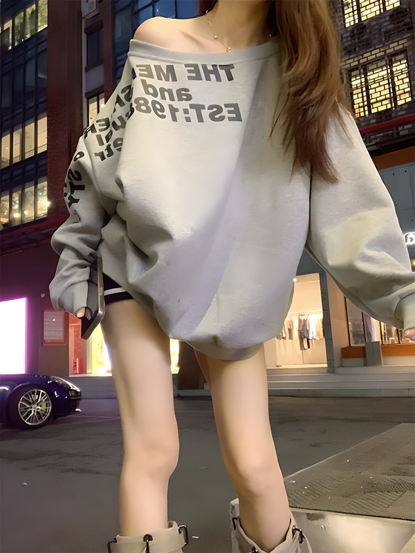 Y2K秋冬新款时尚百搭字母圆领卫衣宽松长袖两穿露肩潮牌女上衣|undefined