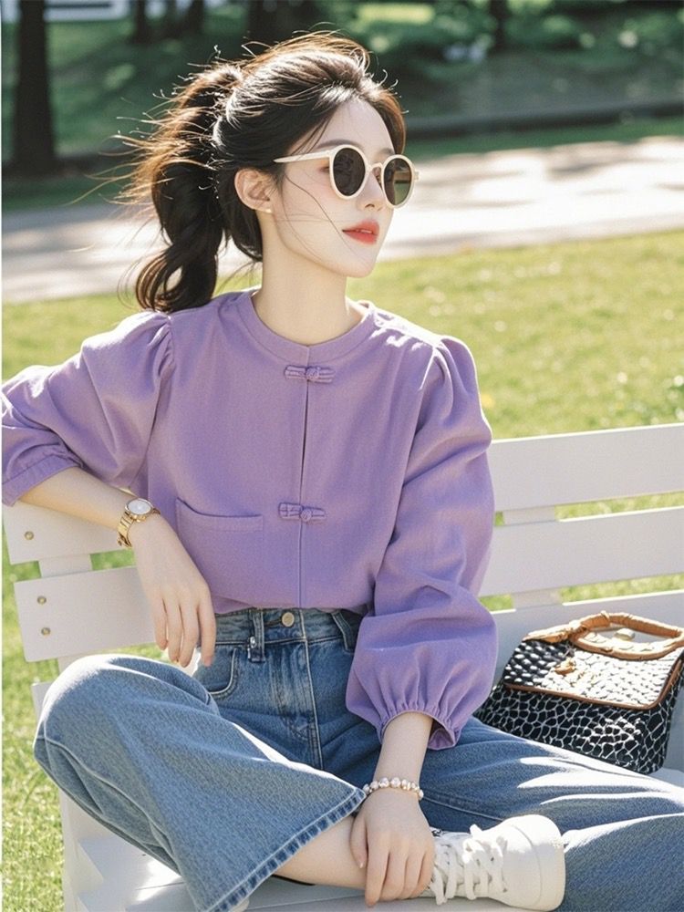 Áo sơ mi nữ tay dài cổ tròn phong cách Trung Hoa, khuy cài kiểu, dáng suông basic — màu tím