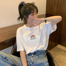 2022年夏季新款韩版彩虹纯棉t恤女圆领短袖宽松半袖白色上衣女潮