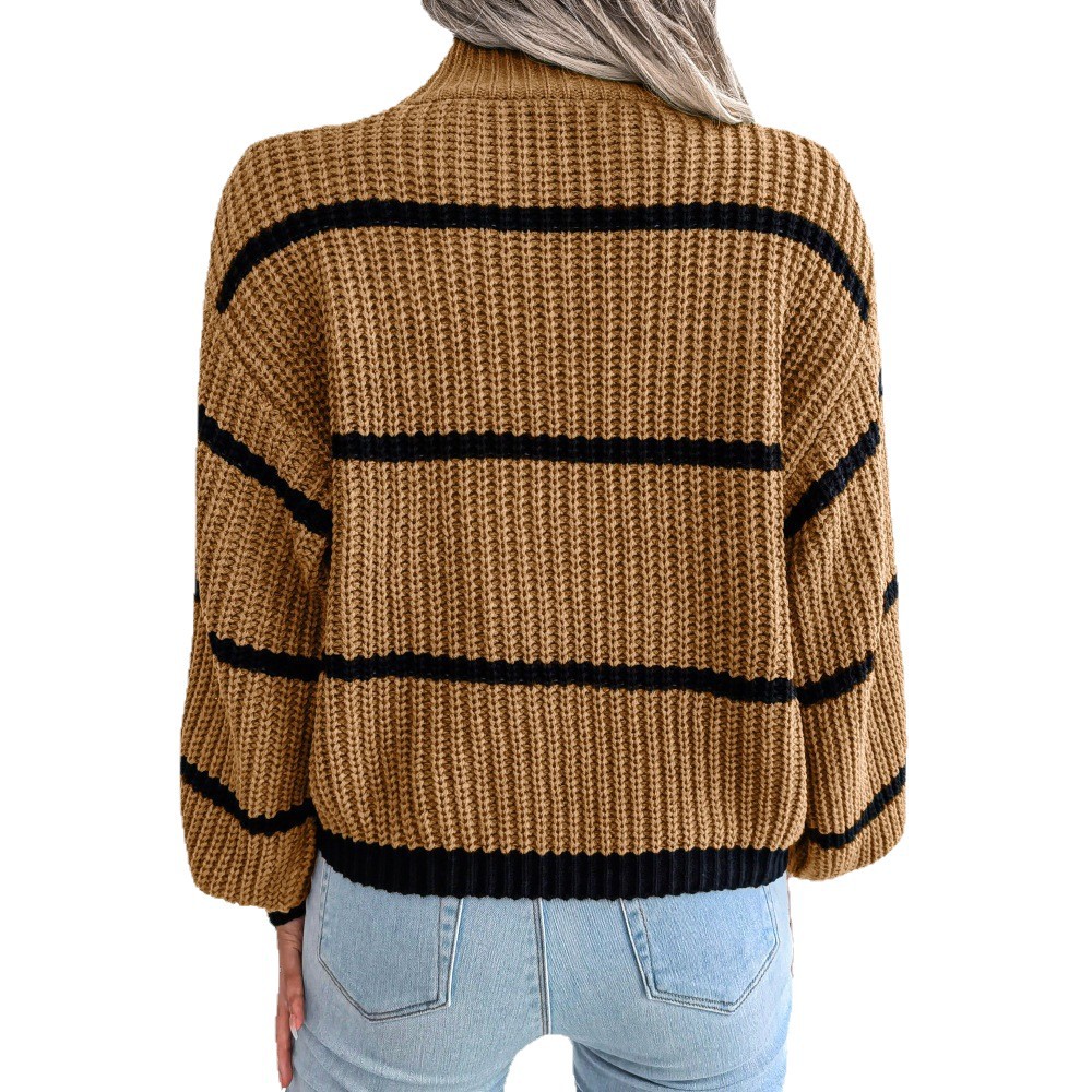 New European and American-style fashion sweater for women—versatile striped contrast-color half-turtleneck knitted top for outerwear.