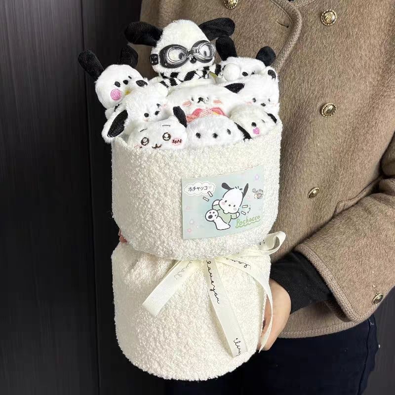 White aviator pochacco bouquet + gift bag + greeting card