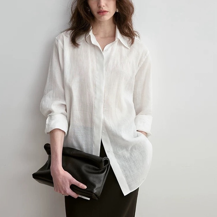 All-Ramie Shirt with a Cool, Lightweight, Slightly Sheer Feel, Women's Spring/Summer Classic White Shirt in Old Money Resort Style All-Ramie Shirt with a Cool, Lightweight, Slightly Sheer Feel, Women's Spring/Summer Classic White Shirt in Old Money Resort Style