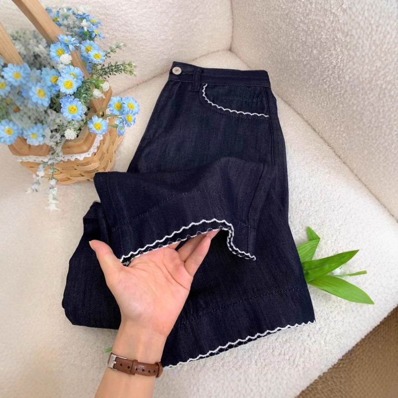 Dark Blue Petite Women's Jeans 2025 Autumn Versatile Cropped Straight Lace Embroidered Slim Cigarette Pants Dark Blue Petite Women's Jeans 2025 Autumn Versatile Cropped Straight Lace Embroidered Slim Cigarette Pants