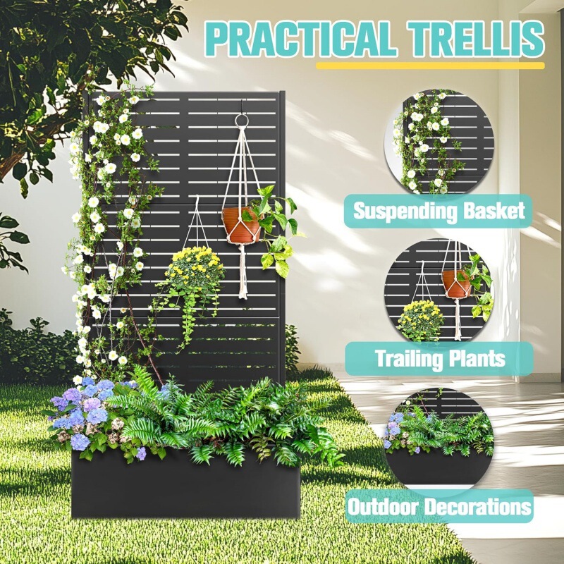 Flower Bed Planter Box with Trellis, Elevated Garden Bed, Courtyard Privacy Planter, Climbing Plant Flower and Vegetable Planting Box