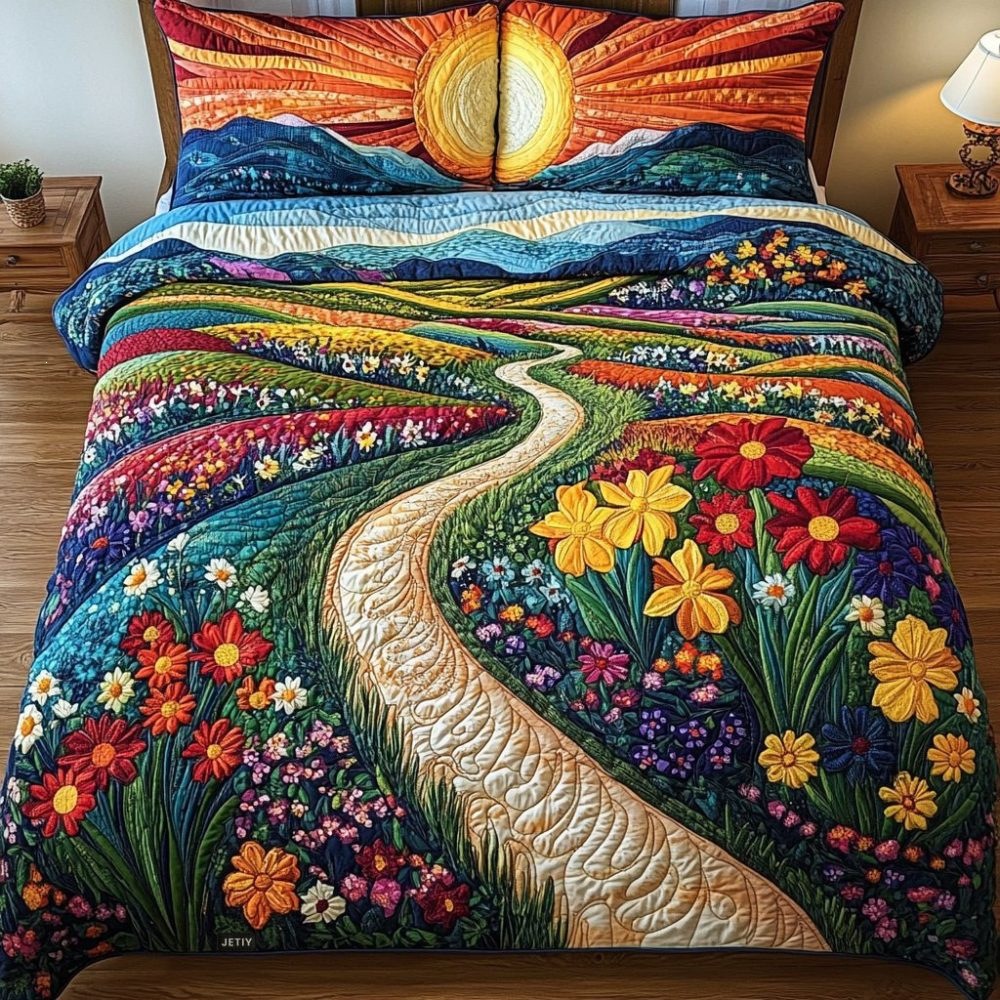 Cross-border three-piece set of rustic path bedspread with 3D digital printing, quilted bedspread, custom design for Amazon foreign trade bedding