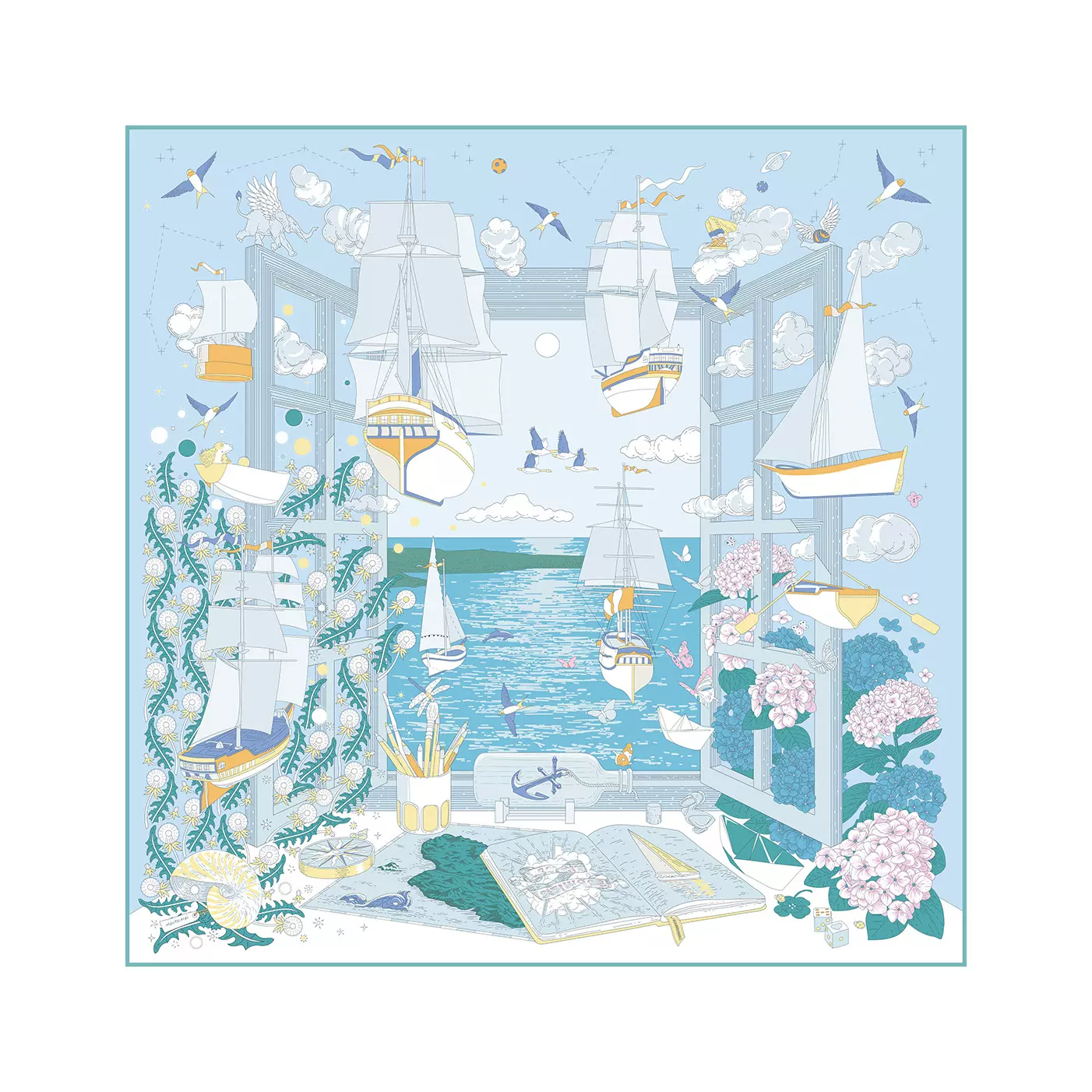 2026新款 诗意遨游 18姆米90斜纹真丝丝巾 双面印花重磅方巾