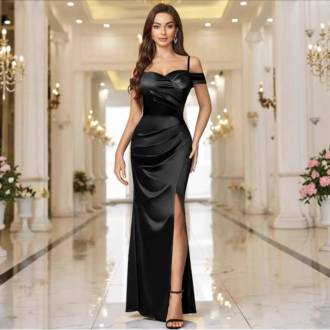 Cross-border European and American Summer New Sling dress One-line Collar Split Evening Dress Sexy Waist Hip Fishtail Dress