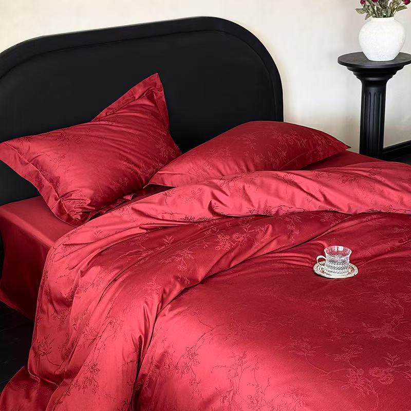 轻奢100S长绒棉四件套全棉提花结婚被套纯棉床单红色嫁娶床上用品