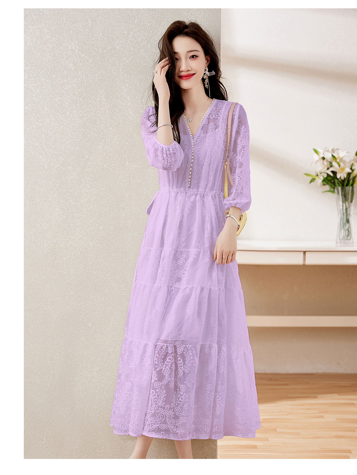 Đầm maxi nữ cổ V thắt eo dáng dài thanh lịch NY1608 — xanh lam, màu tím, màu vàng chi tiết 26