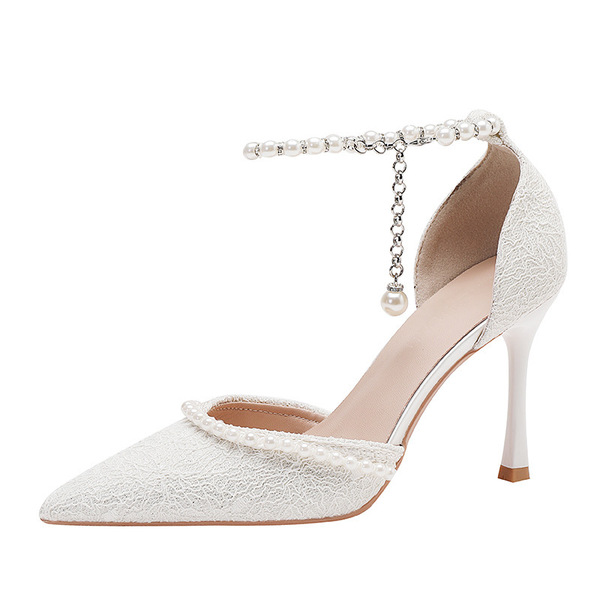 Lace high heels with a strap