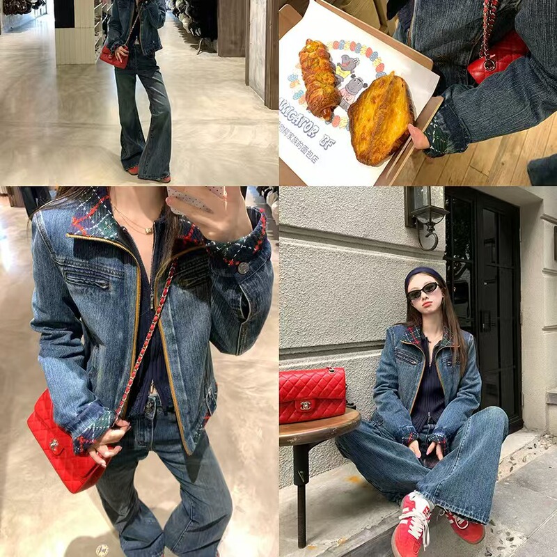 板栗可可Bankelili中古唱片 重磅水洗做旧格纹撞色翻领牛仔棉服|undefined