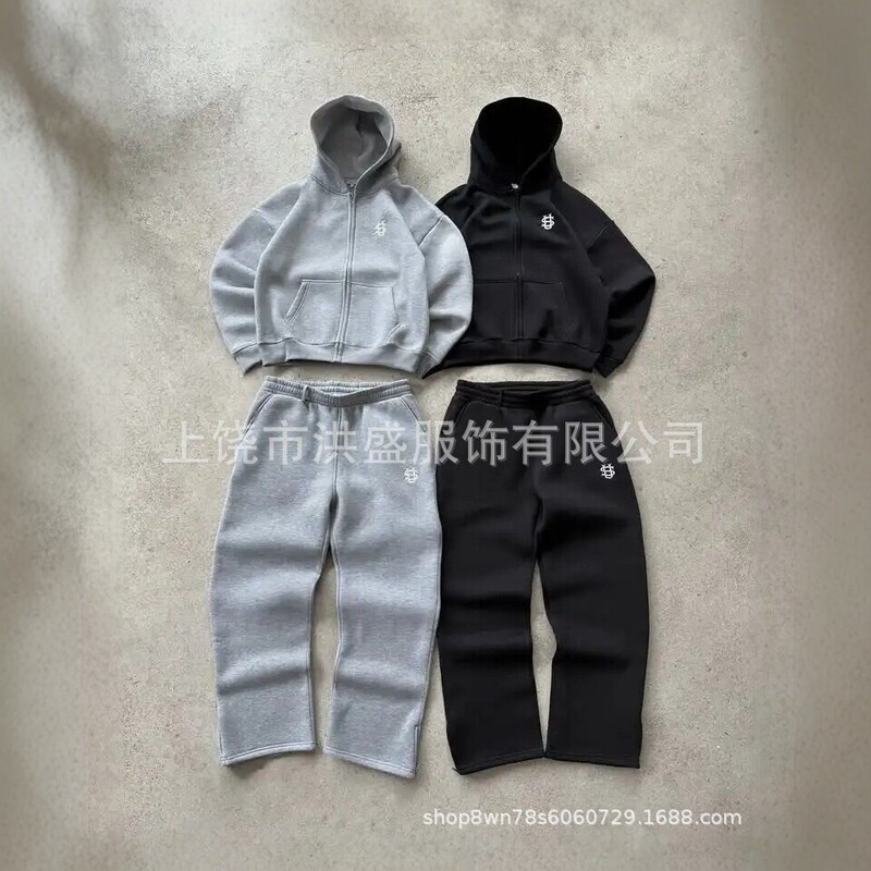 Men's hooded zip-up sweatshirt set, casual sportswear with floral pattern, available in gray, black, and brown, trendy jacket and pants