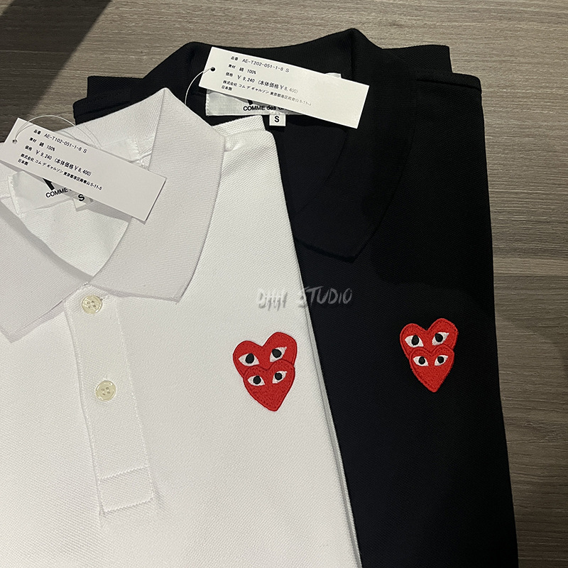 Conjunto de pareja Chuanjiuplay con bordado de corazón, camiseta polo con corazón apilado, camiseta de manga corta unisex para parejas