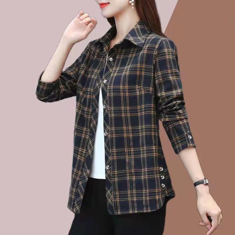 Plaid Shirt women's spring and autumn clothing middle-aged and elderly mothers cardigan thin coat casual long-sleeved shirt top fashion