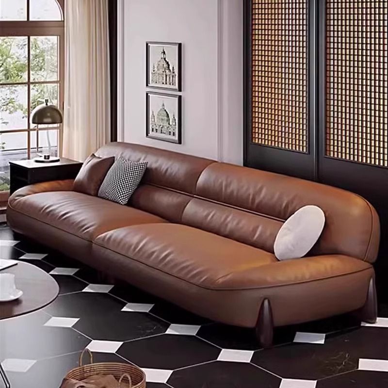 Italian Minimalist Cowhide Leather Sofa Living Room Small Apartment Light Luxury Retro Style Simple Modern Straight Leather Art Sofa