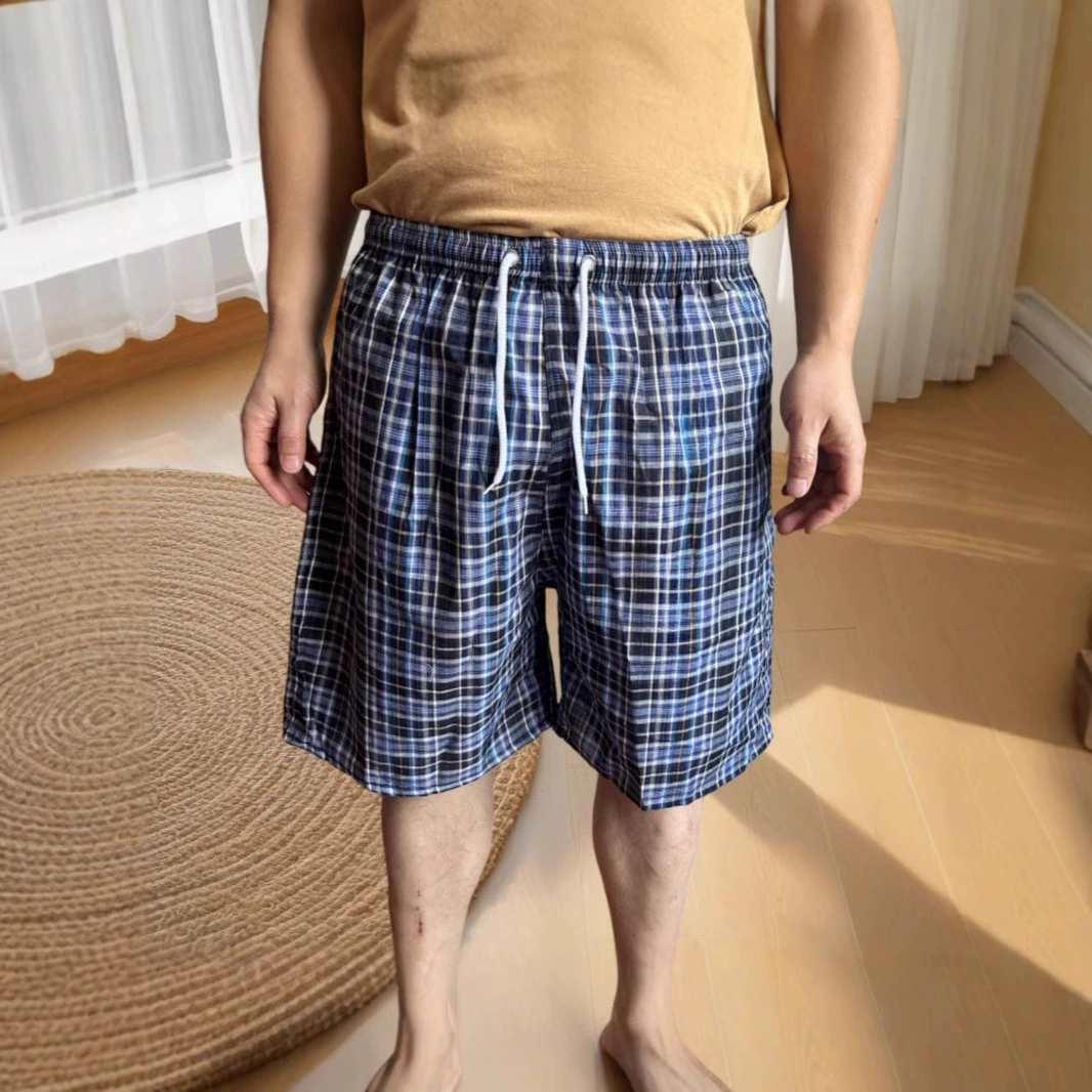 Мужские хлопковые шорты в клетку, свободного кроя, тонкие, простые, дышащие, повседневные брюки для мужчин среднего и старшего возраста, полосатые, свободные, для дома, большие размеры.
