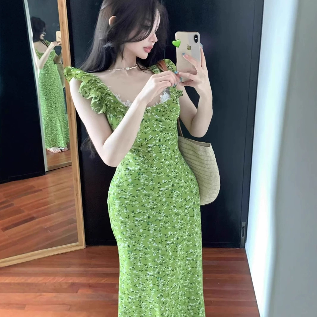 Французский цветочный темперамент с тонкой талией платье на пляже праздник квадратного воротника шифоновое маленькое свежее зеленое платье для детей