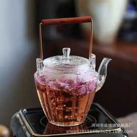 高硼硅透明玻璃提梁木把壶家用大容量花茶壶电陶炉专用过滤煮茶壶