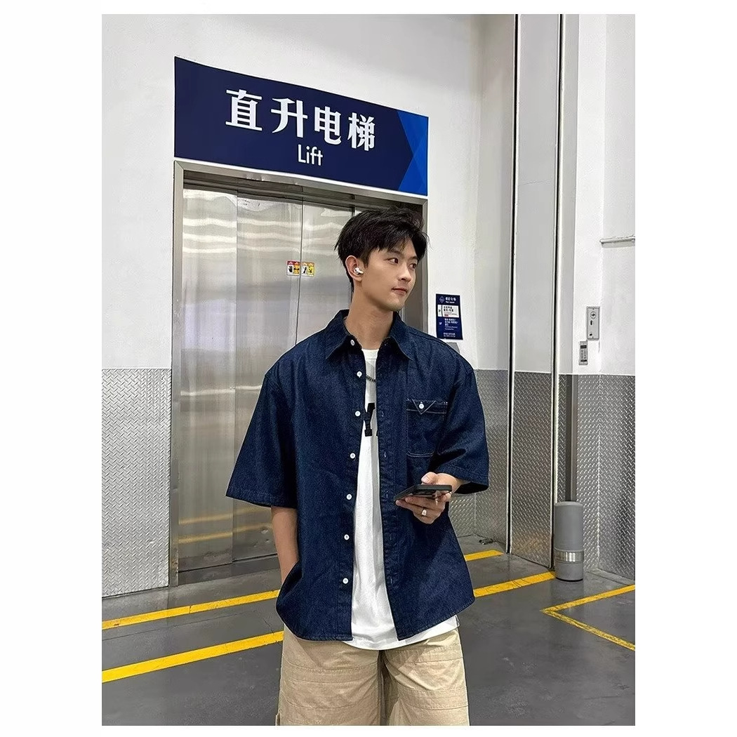 2025 Summer Men's Loose Denim Short Sleeve Shirt Cool Style High-end Casual Shirt Top Men's Fashion Outerwear
