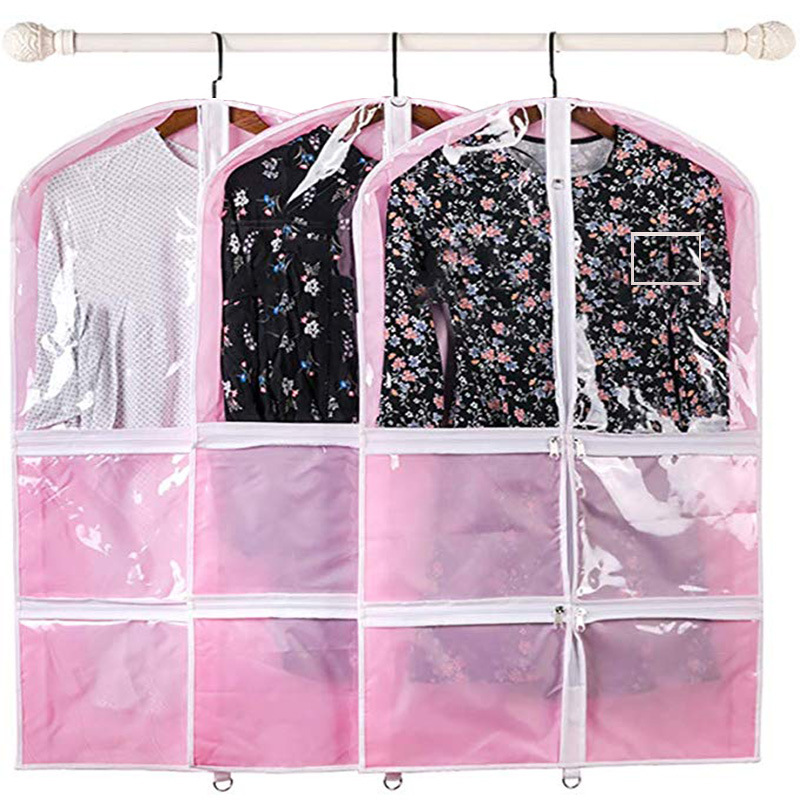 Funda protectora para ropa infantil del fabricante, con múltiples bolsillos, funda de PVC para prendas, bolsa de poliéster para colgar ropa, funda para trajes.