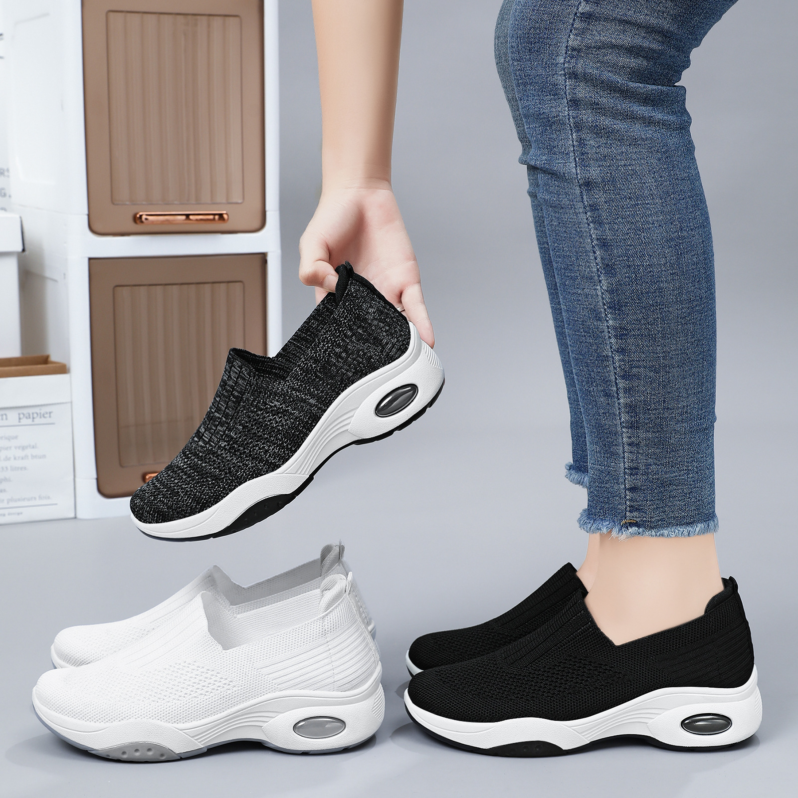 Zapatos de mujer 2026, nueva colección de primavera, calzado deportivo de punto para mujer, zapatos casuales de tela con suela gruesa, zapatos de plataforma sin cordones.