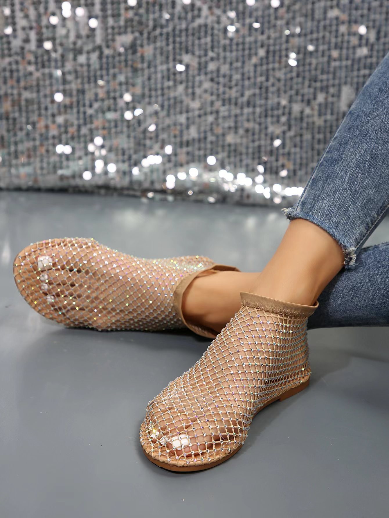 Womens Rhinestone Roman Round Toe Mesh Summer Flat Shoes Sandals