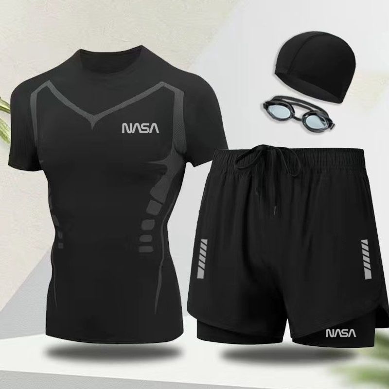 Men's full-body swimsuit set, swim trunks, swim cap, swim goggles, three-piece set, quick-drying, anti-embarrassment, suitable for hot springs and beach
