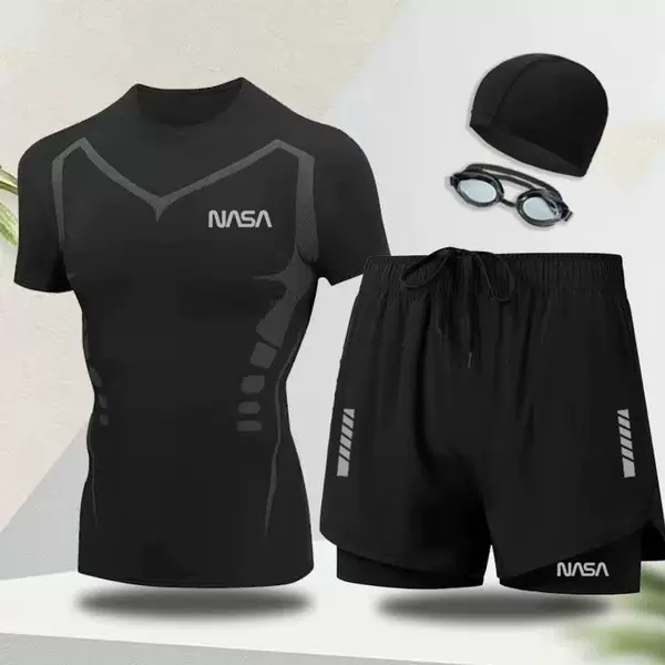 Men's full-body swimsuit set, swim trunks, swim cap, swim goggles, three-piece set, quick-drying, anti-embarrassment, suitable for hot springs and beach