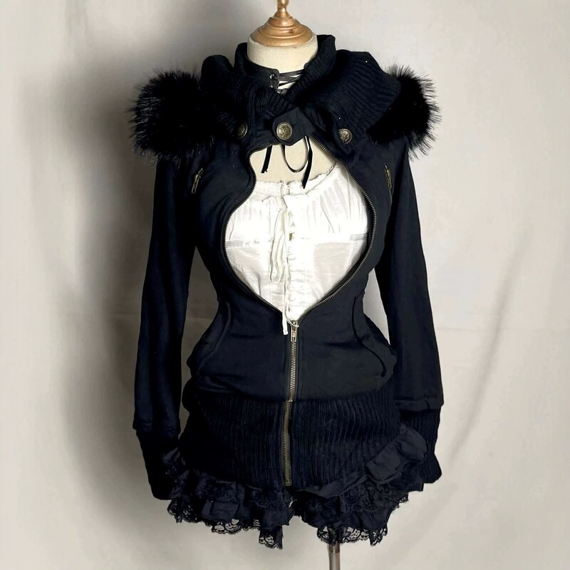Black fur-collar, waist-cinching, slim-fit mid-length sweatshirt, Y2K hot girl cross-border trend subculture autumn-winter hooded jacket Black fur-collar, waist-cinching, slim-fit mid-length sweatshirt, Y2K hot girl cross-border trend subculture autumn-winter hooded jacket