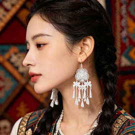 民族特色长款流苏彝族银色耳环网红苗族侗族气质女款耳坠表演耳饰