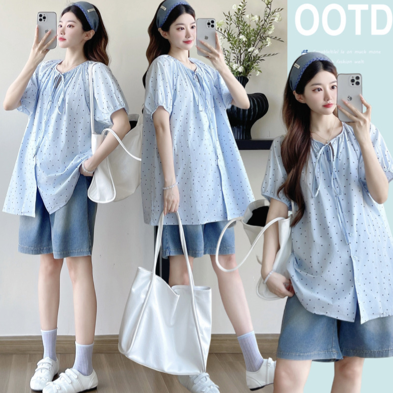 2025 Summer New Maternity Clothes Polka Dot Loose T-Shirt Shirt Pregnant Women Top