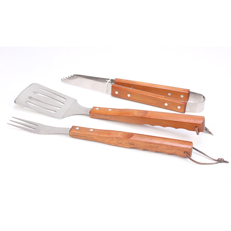 [Fuente de la fábrica] de acero inoxidable mango de madera juego de barbacoa traje conjunto de 3 piezas combinación barbacoa tenedor barbacoa pala