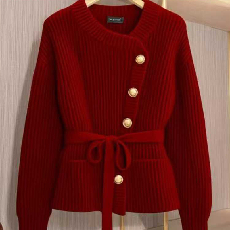 Red round-neck, waist-cinching, tie-waist knit cardigan for women, autumn and winter, with a high-end, mature and elegant feel, loose and slimming sweater top