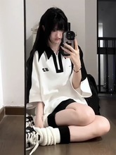 秋夏运动款美式复古学院风运动套装女撞色款短袖情侣款小个子