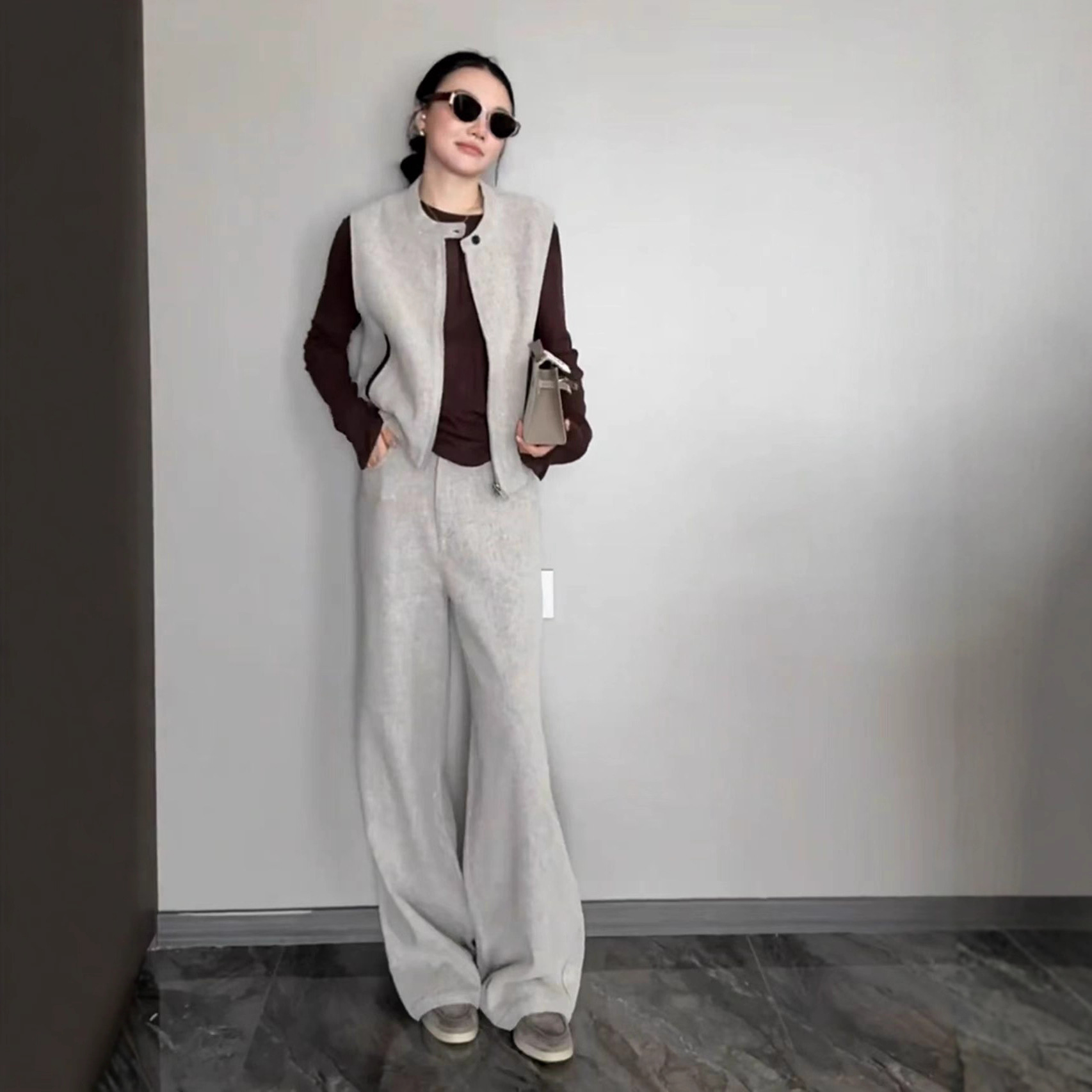 2025 Super Hot Early Autumn Korean Style Outfit, Fashionable and High-End Gray Vest Top, Wide-Leg Pants Suit for Women