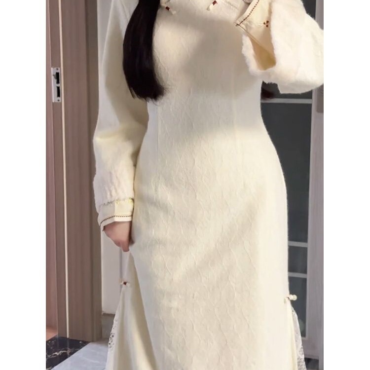中国风加绒加厚改良旗袍少女年轻款秋冬装优雅气质保暖连衣裙日常|undefined