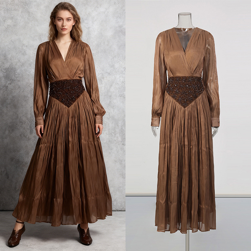 French-Style Lazy Elegance Women's Caramel-Colored Long Dress 2026 Spring New Satin Embroidered Waist-Cinching Dress for Women