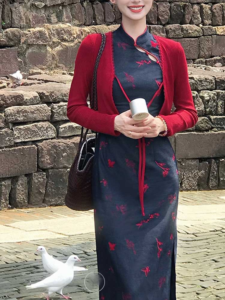 Sujin New Chinese Butterfly Print Modified Qipao For Women, Playful And Cute, Early Autumn National Style Stand Collar_ecoleips.com