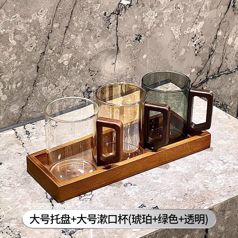 中式复古木柄高级感木质托盘刷牙杯漱口杯扩香器情侣对杯|undefined