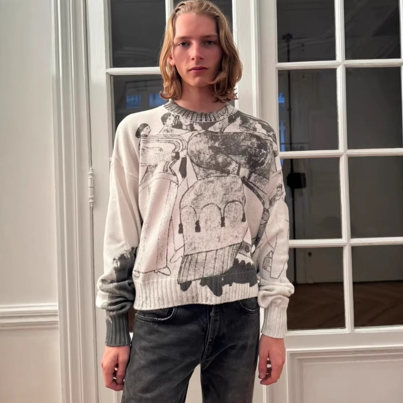 Erd Grjkd Melancholic Rich Second-Generation Social Dance Portrait Sweater Abstract Print Knitted Sweater Unisex Trendy